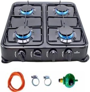 Portable 4 Plate Gas Stove | 4 Burner Stainless Steel Cooker | Manual Ignition | Black